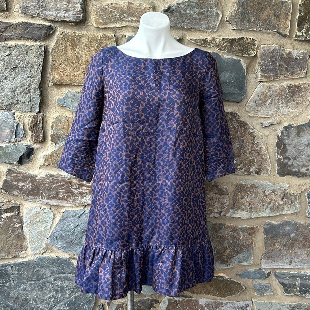 Sezane Robe Auberie Jacquard Leopard Blue Ruffled Hem Shift Dress size 36 (4) - Picture 2 of 12
